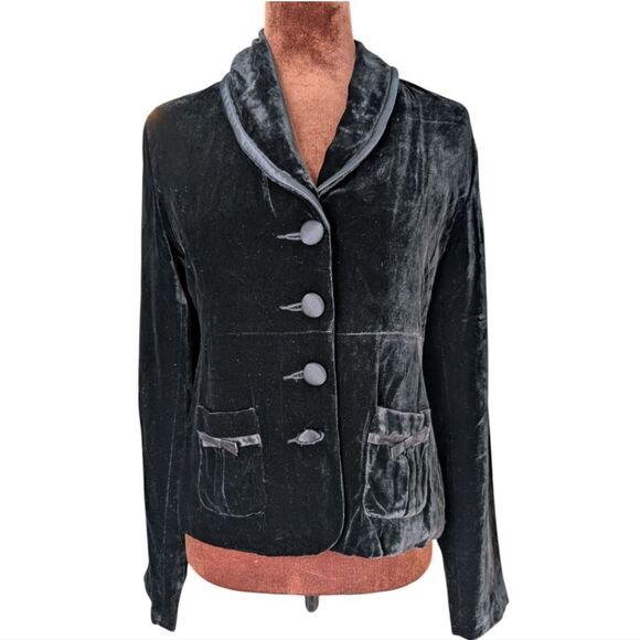 Luxury Silk Blend Black Velvet Blazer with Bow Accent Ribbon Detailing Size 6 - Picture 3 of 15